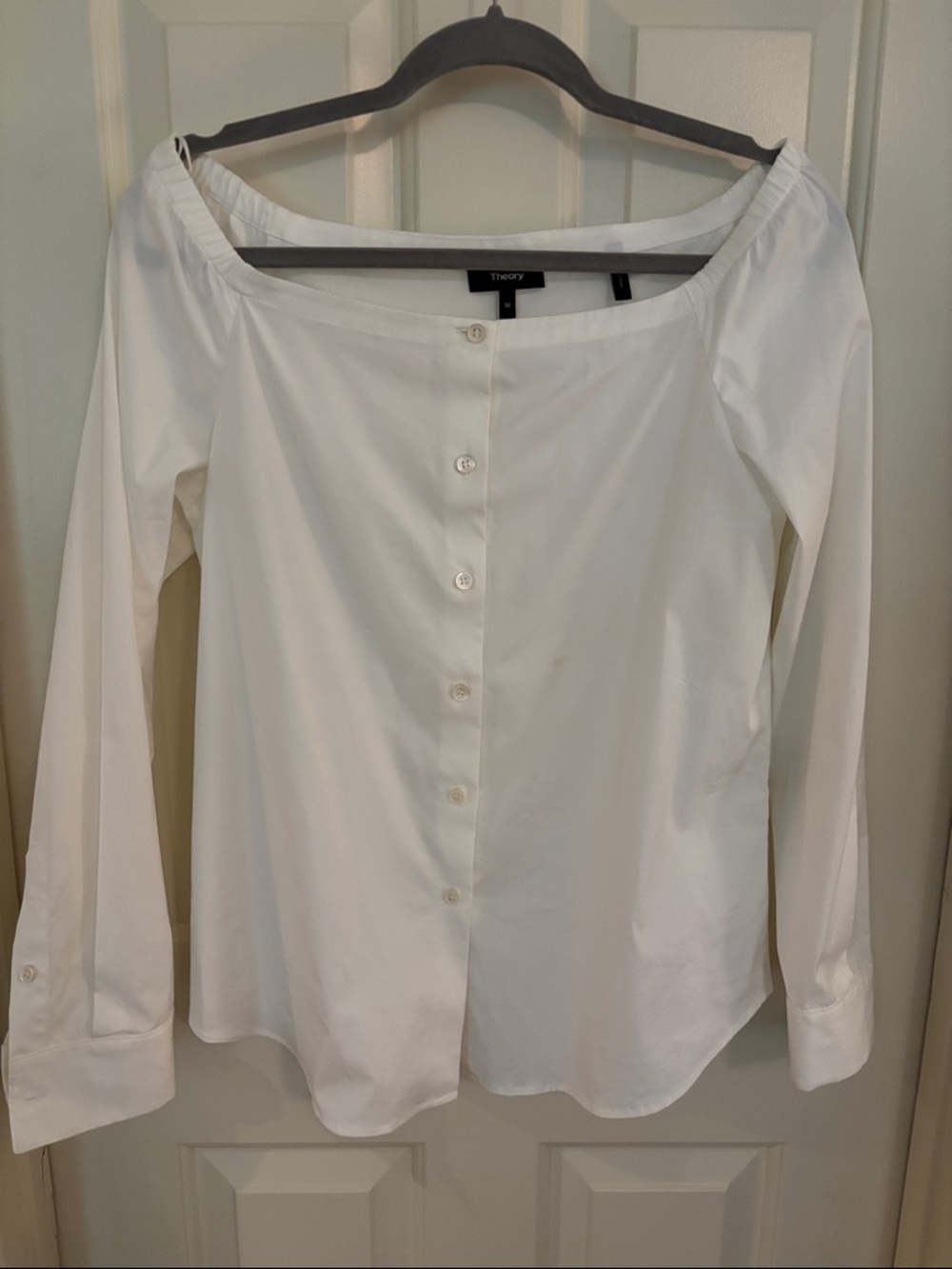 Theory White Off-Shoulder Button-Front Shirt M
